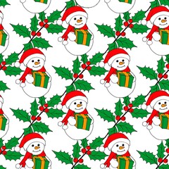 Christmas seamless pattern with snowman, fir trees and snowflakes. Perfect for wallpaper, wrapping paper, pattern fills, winter greetings, web page background