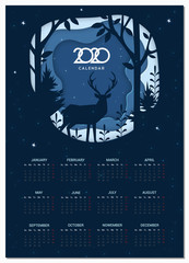 Fototapeta premium Calendar 2020 vector basic grid. Winter paper cut craft design. Vector illustration