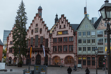 Fototapeta premium Buildings in Frankfurt am Main Morning. Frankfurt architecture with central banks. 08.11.2019, Frankfurt am main, Germany.