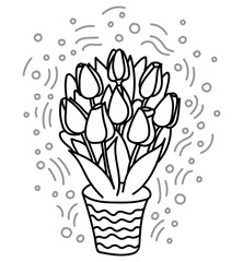Isolated drawing of tulips in a flower pot in doodle style. Cute Potted flowers for Womens Day, Birthday, invitation card design, gift wrapping, party decoration. Black and white drawing, coloring