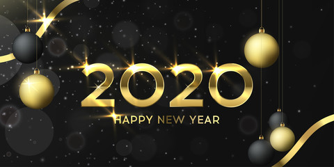 2020 Happy new year beautiful gold banner with golden numbers and ribbons. Holiday shiny background with black and gold christmas balls, eps10