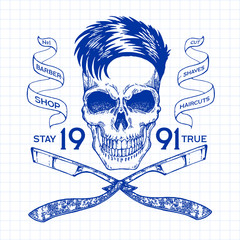 Vintage, hipster skull barbershop logo in old style, vector.