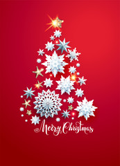 Fototapeta na wymiar Holiday Tree silhouette paper cut snowflakes