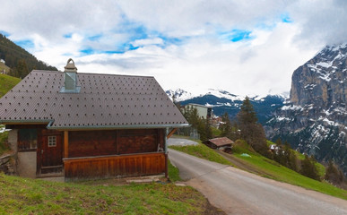 Fototapeta na wymiar View in the village in Swiss alps