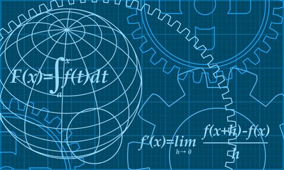 Abstract futuristic stripe line printed circuit board pattern with gear wheel and math fornula on blue color background. Math science engineered drawn project plot concept
