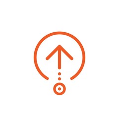 scroll the page or swipe up pictogram. red thin rounded arrow up in circle icon.