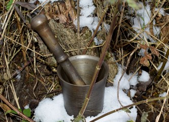 old metal mortar and pestle