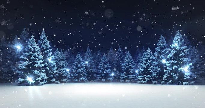Snow covered winter forest under stormy snowfall and dark sky 4k animation loop