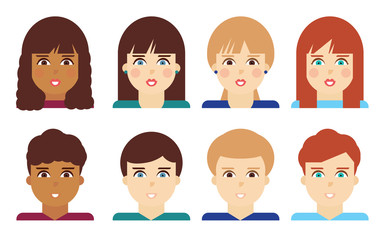 Set of diverse male and female avatars, simple flat cartoon style. Cute and minimalistic people faces, vector illustration