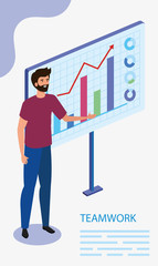 man with infographic in scene teamwork vector illustration design