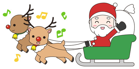 ソリに乗り笑顔で手をふるサンタとトナカイ