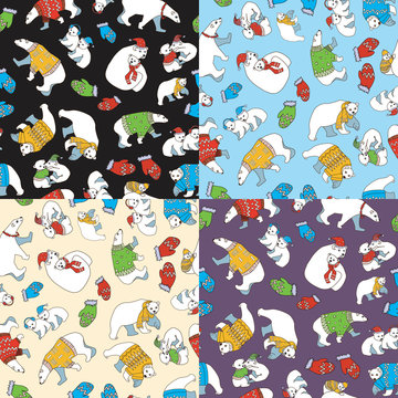 A seamless pattern with polar bears in a sweater, hat and scarf print, a set of vector stock illustrations for Christmas