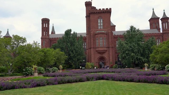 View from outside of the Smithsonian museum castle in Washington DC, United states and its gardens