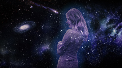 Fototapeta na wymiar Silhouette of woman on space background.