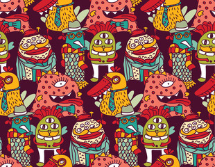 Group fashion aliens different freaks seamless pattern