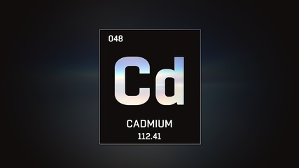 Obraz premium 3D illustration of Cadmium as Element 48 of the Periodic Table. Grey illuminated atom design background with orbiting electrons. Design shows name, atomic weight and element number