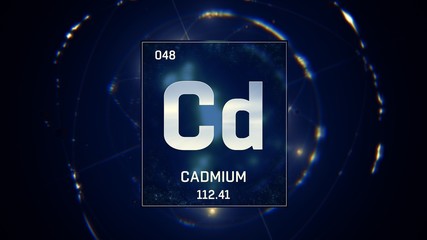 3D illustration of Cadmium as Element 48 of the Periodic Table. Blue illuminated atom design background with orbiting electrons. Design shows name, atomic weight and element number