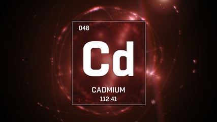 3D illustration of Cadmium as Element 48 of the Periodic Table. Red illuminated atom design background with orbiting electrons. Design shows name, atomic weight and element number
