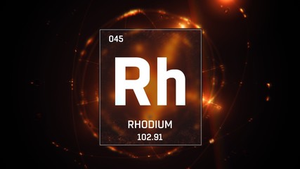3D illustration of Rhodium as Element 45 of the Periodic Table. Orange illuminated atom design background with orbiting electrons. Design shows name, atomic weight and element number