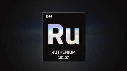 3D illustration of Ruthenium as Element 44 of the Periodic Table. Grey illuminated atom design background with orbiting electrons. Design shows name, atomic weight and element number