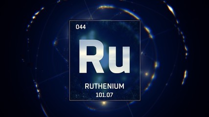 3D illustration of Ruthenium as Element 44 of the Periodic Table. Blue illuminated atom design background with orbiting electrons. Design shows name, atomic weight and element number