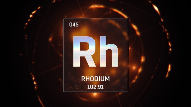 3D illustration of Rhodium as Element 45 of the Periodic Table. Orange illuminated atom design background with orbiting electrons. Design shows name, atomic weight and element number