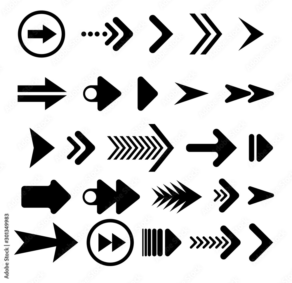 Poster black arrows set on white background. arrow, cursor icon. vector pointers collection. back, next web