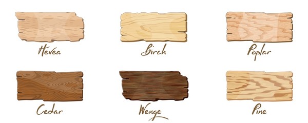 Empty dark and light brown wooden banners, sign boards for text, lettering with texture of hevea, birch, poplar, cedar, wenge, pine. Copy space. Vector set with samples for furniture industry.