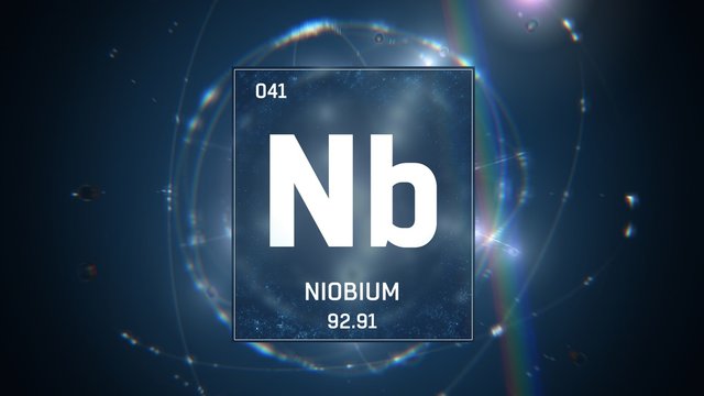 3D illustration of Niobium as Element 41 of the Periodic Table. Blue illuminated atom design background with orbiting electrons. Design shows name, atomic weight and element number