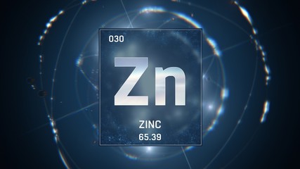 3D illustration of Zinc as Element 30 of the Periodic Table. Blue illuminated atom design background with orbiting electrons. Design shows name, atomic weight and element number