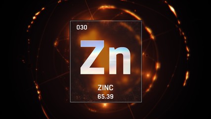 3D illustration of Zinc as Element 30 of the Periodic Table. Orange illuminated atom design...