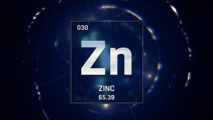 3D illustration of Zinc as Element 30 of the Periodic Table. Blue illuminated atom design...