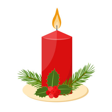 Christmas candle with fir branches and Holly berries, vector illustration
