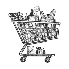 Shopping cart with products sketch engraving vector illustration. T-shirt apparel print design. Scratch board style imitation. Black and white hand drawn image. © Oleksandr Pokusai