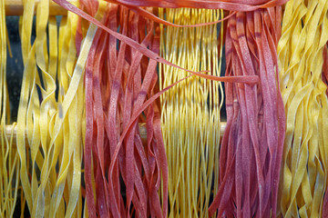 Red (Magenta) and yellow colored homemade fresh, dry, uncooked Italian pasta hanged vertically. Fettuccine, tagliatelle and spaghetti types presented.