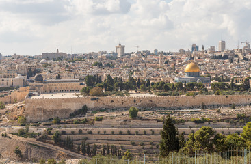 Fototapeta na wymiar View of the Temple Mount, the old and modern city of Jerusalem from Mount Eleon - Mount of Olives in East Jerusalem in Israel