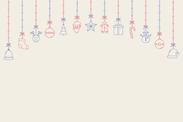 Xmas elements hanging on bright background with copyspace. Christmas decoration. Vector