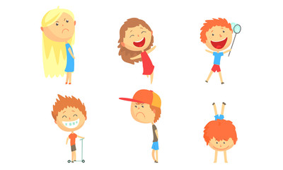 Children with big heads relax in the summer. Vector illustration.