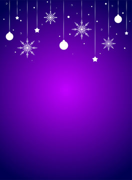 Winter Border With Flat White Snowflakes, Stars, Deers And Ribbons On Purple Background.