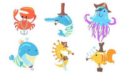 Set of sea animals in the role of a pirate. Vector illustration.