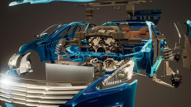 disassembled car with visible parts and engine