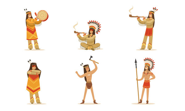Men and women in traditional Native American clothing. Vector illustration.