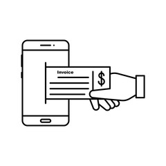 Cheque or invoice payment method, money transfer illustration with holding hand and smartphone icon.