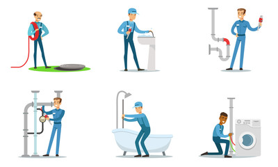 Set of plumbers at work. Vector illustration.
