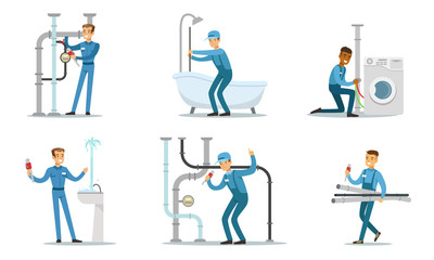 Men plumbers in blue overalls work. Vector illustration.