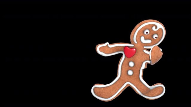 Cute Gingerbread man dancing salsa isolated with alpha channel. Seamless funny Christmas animation.