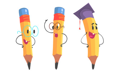 Yellow pencil with hands and glasses. Vector illustration.