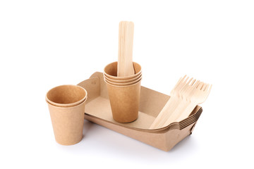 Eco - friendly tableware isolated on white background. Disposable dishes