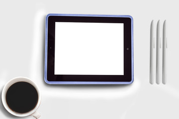tablet with whit screen, pens, coffee cup,  on white background