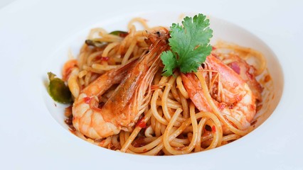 Spaghetti Tom Yum shrimp fusion food